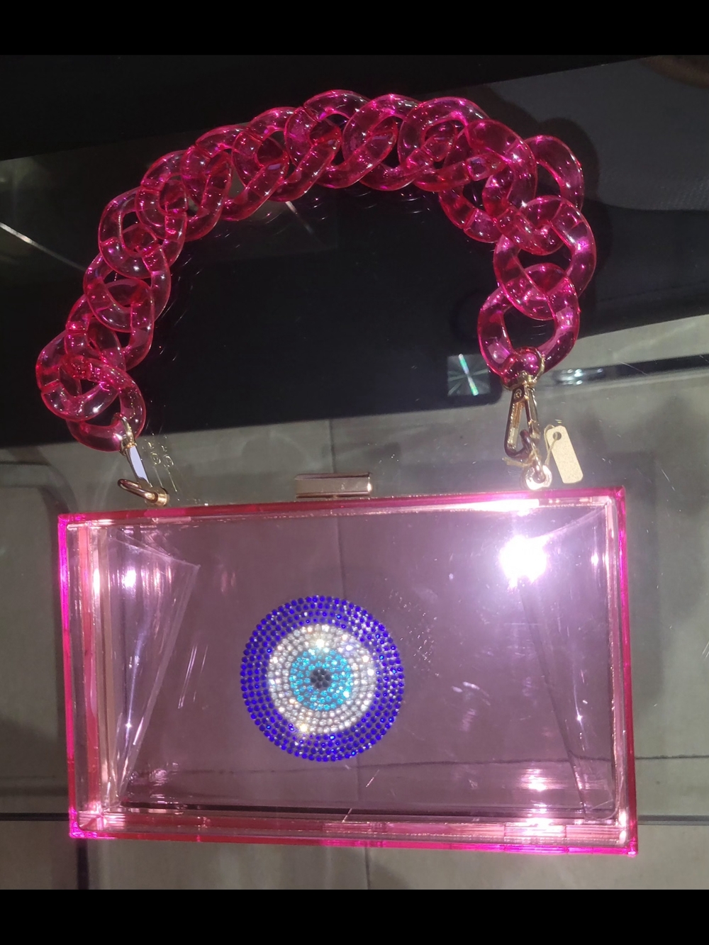 Hot Pink Clear Acrylic Box Bag with Chain Handle and Evil Eye Accent